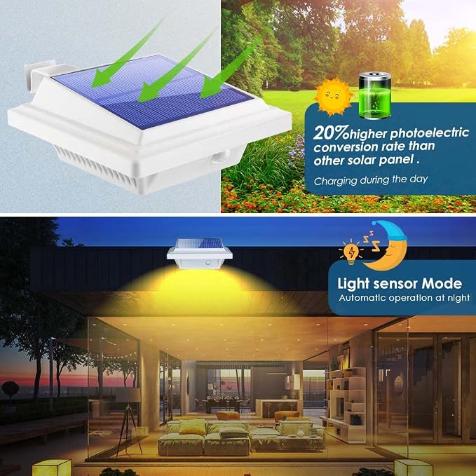 Gutter Lights, 40 LEDs Solar Patio Decor Lights, Deck Lights Outdoor Waterproof Fence Lights for Wall Backyard Porch, Patio, Pool,Step Stairs, Yard, Garden, Pathway (2Pack_White,Warm White Light)