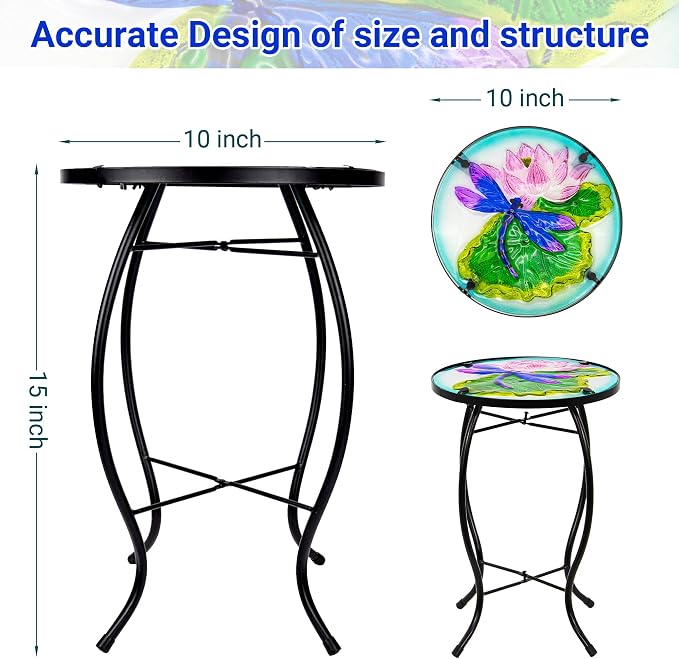 Lotus-Leaf Dragonfly Patio Table, Outdoor Side Table, Metal Glass End Table | WEIBEFEE; 10 Inch; for Porch Garden Yard Pool Living Room; Fade-resistant; Great gift choice; Decoration Gift