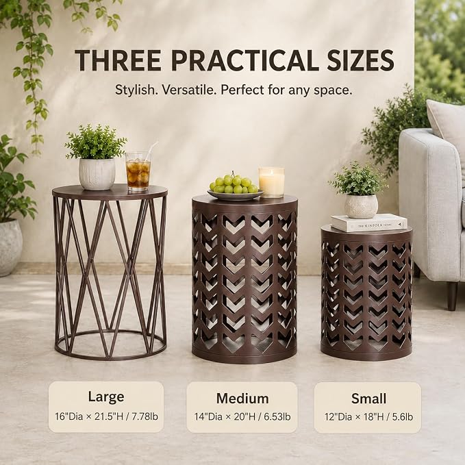 Y&M Outdoor Side Tables Set of 3, Nesting Patio Side End Tables for Outside, Round Heavy Duty Metal Stacking Accent Tables for Patio Balcony Garden Indoor, Brown