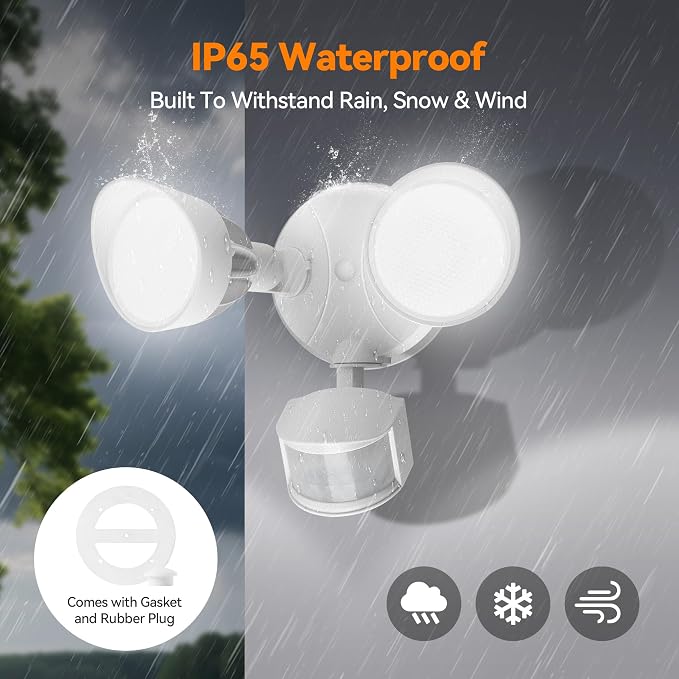 45W 5500LM PIR Motion Sensor Outdoor Lights, Dual Head LED Flood Light, 5000K Daylight, IP65 Waterproof Hardwired Dusk to Dawn Motion Detector Security Light for Outside Garage Yard (White)