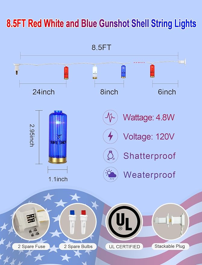 8.5Ft 4th of July String Lights, 10 LED Red White Blue Shotgun Shell Lights | Plug in for Home Classroom Porch Backyards Tree Patriotic Holiday Decorations, Indoor and Outdoor Use