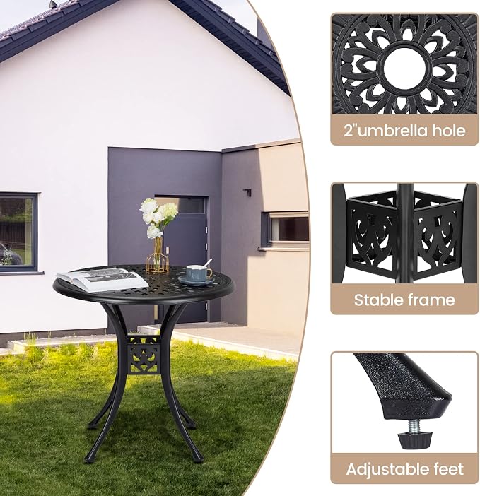 30.25" Round Cast Aluminum Patio Bistro Table, Bistro Table with Umbrella Hole, Outdoor Side Table, for Porch, Backyard, Garden, Balcony, Black