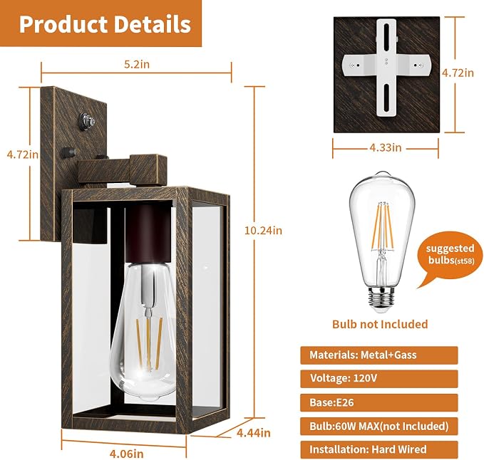 2 Pack Black Brush Gold Dusk to Dawn Exterior Lighting Fixtures Wall Mount, Sensor Outside Front Porch Lights for House, Outdoor Lantern Lamp, Wall Sconce Lights, Coach Light for Garage Entryway
