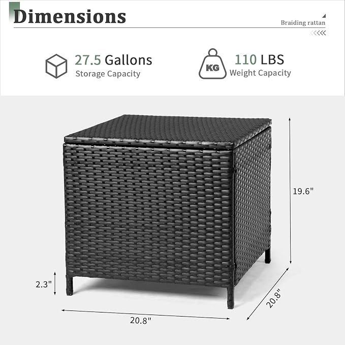Wicker Rattan Patio Side Table with Lid, 27 Gallon PE Rattan Deck Box Patio Storage Chest, Wicker Storage Box Outdoor Coffee End Table for Porch Lawn (Black)