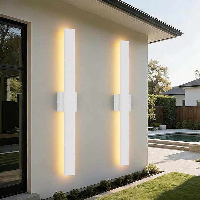 Aipsun 2 Packs Outdoor Wall Sconce, 3000K 4000K 6000K, 31.5in Modern White Exterior Light, Long LED Linear Wall Light Outside Lighting for Entrance, Hallway, Garage, Porch(3CCT)