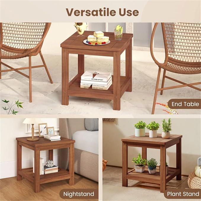 Outdoor Side Table, 2-Tier Solid Wood Patio End Table with Storage Shelf, 18 Inch Square Coffee Table with Teak Oil Finish for Garden, Poolside, Balcony and Living Room, Natural