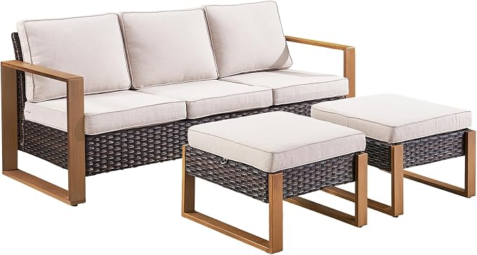 3 Pieces Patio Sofa Set with Metal Arm, High Back Wicker Sectional Outdoor Sofa with Ottomans, Outdoor Seating Furniture High Back Conversation Set for Balcony Deck Porch Backyard, Beige