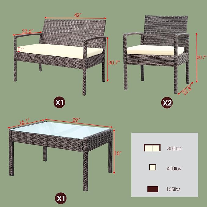 4 Piece Outdoor Patio Furniture Set, Rattan Patio Conversation Set | Thick Polyester Cushions, Tempered Coffee Table, Steel Frame Easy Assembly, Suit for Backyard Porch Poolside Balcony, Beige
