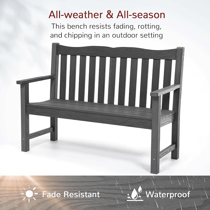 Stoog 4-Piece Outdoor & Patio Furniture Set, All-Weather HIPS Bench Chairs and Table Set, Grey
