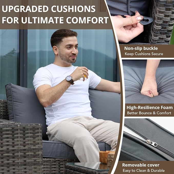 4-Piece Outdoor Patio Furniture Set Grey All-Weather Rattan Outdoor Couch with Coffee Table Outdoor Patio Sofa Seating with Cushions for Garden, Poolside, Porch