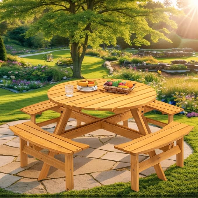 anwickjeff 8-Person Picnic Table and Chairs Set, Outdoor Round Wooden Patio Tables with DIY w/4 Built-in Benches & Umbrella Hole, 2220lbLBS Total Capacity for Patios, Backyard (Natural, 8 Person)