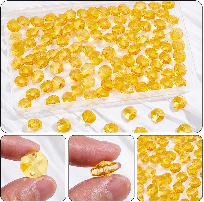 1 Box 120Pcs 14mm Crystal Glass Octagon Beads 2 Hole Prism Bead Bulk Yellow Glitter Chandelier Replacement Connector Suncatcher Faceted Spacers for DIY Lamp Hanging Ornament Pendant Adults