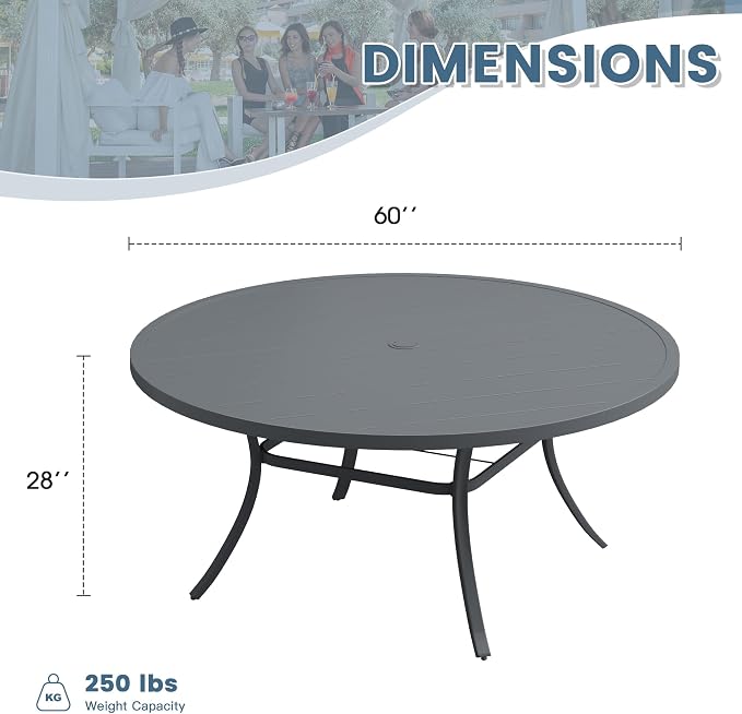 DIFY 60" Round Outdoor Patio Dining Table for 8-10, Metal Patio Table with 1.57" Adjustable Umbrella Hole, All-Weather Dining Furniture Table for Backyard Lawn Garden, Grey