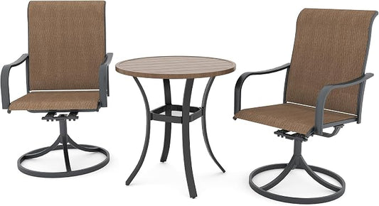 Anmutig 3-Piece Outdoor Patio Dining Set, 27.5" Round Table with 2 Swivel Rocking Patio Chairs Furniture Set for Kitchen Garden, Backyard, Brown