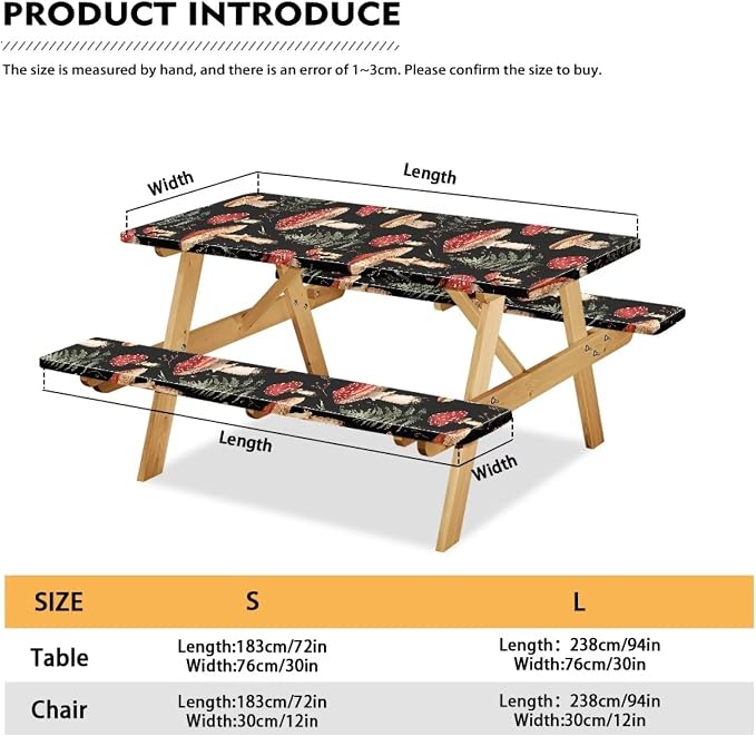 Mushroom Picnic Table Cover with Bench Covers Foldable Outdoor Camping Tablecloth Dustproof Elastic Waterproof Picnic Table Cover 3 Piece Set Suitable for BBQ Picnic Party Camping