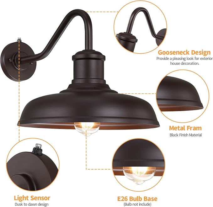 13.8'' Large Dusk to Dawn Outdoor Gooseneck Barn Light, 2 Packs | Outdoor Wall Sconce Farmhouse Exterior Lighting Fixture Industrial Lantern for House, Porch, Entryway, Garage, Brown