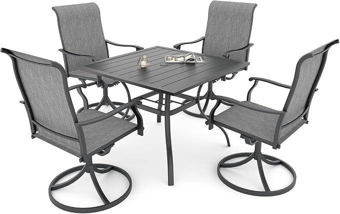 Patio Dining Set 5, Outdoor 35" Square Table and Gray Swivel Chairs Style1 | High Back, Retro Armrest, Textilene Fabric, All Weather, Rocking, Swivel Chairs, 35'' Square Table, Metal Top and Frame