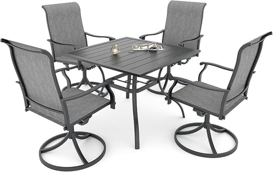 Patio Dining Set 5, Outdoor 35" Square Table and Gray Swivel Chairs Style1 | High Back, Retro Armrest, Textilene Fabric, All Weather, Rocking, Swivel Chairs, 35'' Square Table, Metal Top and Frame