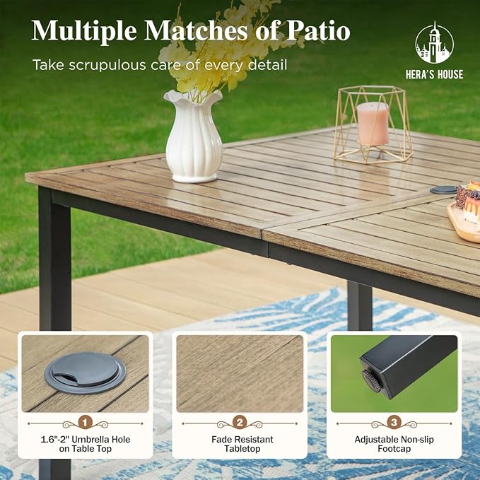 HERA'S HOUSE 7pc Outdoor Patio Dining Set, Wood-Look Metal Table, Brown | 64" rectangular table with umbrella hole, 6 textilene chairs. Waterproof, rust-resistant, all-weather for backyard, porch
