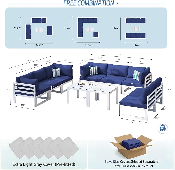 NICESOUL 8 Seat Large Modern Aluminum Outdoor Sofa, 29" Deep Wide Seated, 500 lbs Durable L Shaped Sectional Set for Heavy People, UV Resistant Modular Patio Furniture Set for Backyard Lawn, Navy Blue