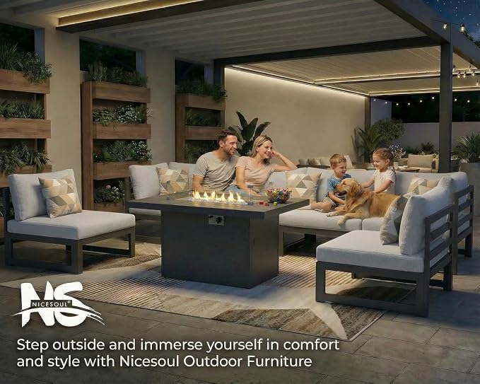 NICESOUL 13 Pcs Large Modern Aluminum Outdoor Sofa with Lounger & Fire Pit Table, 29" Deep Seat, 500 lbs Durable Sectional Set for Heavy People, All Weather Patio Furniture Set for Garden,Light Gray