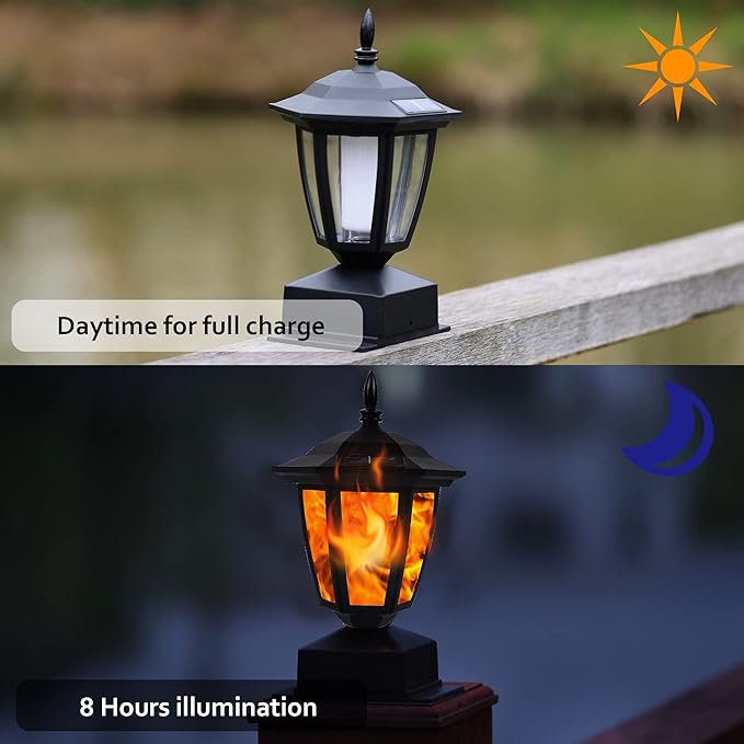 Dynaming Solar Flame Post Lights Outdoor, Solar Powered Lamps Fence Post Cap Lights, Flickering Flame LED Lantern Decorative Waterproof for Garden Deck Patio, Fit 4x4, 5x5 or 6x6 Wooden Posts, 6 Pack