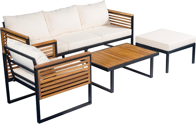 Virubi 4-Piece Acacia Wood and Metal Patio Sofa Set, Sturdy Iron & Acacia Frame, Water-Repellent Upholstery Cushions, Outdoor Conversation Sofa Set with 3-Seater, Club Chair, Ottoman & Table