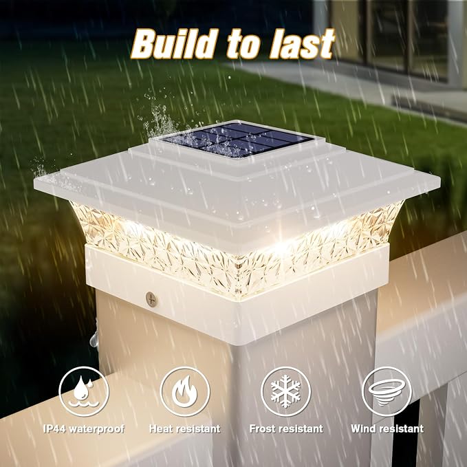 Solar Post Cap Lights Outdoor 6pack, Waterproof Fence Post Lights with 16 Ultra Bright LEDs Fit 4x4/5x5/6x6 Wood/Vinyl Posts, White Deck Post Lights with Warm/Cool White for Garden, Patio, Porch, Yard