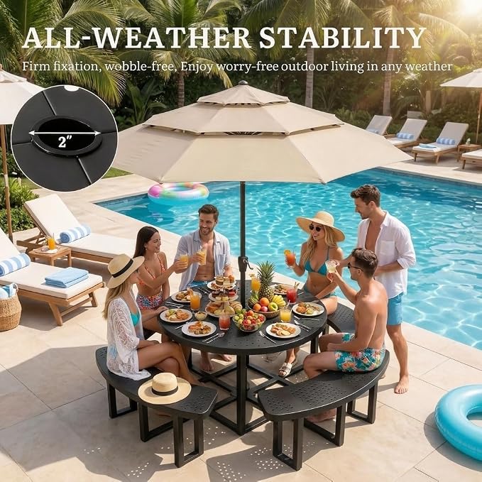 DWVO 38" Round Metal Picnic Table with Umbrella Hole - Heavy Duty Q235 Carbon Steel Outdoor Table Set for Patio, Backyard, and Lawn - Industrial Steel Construction