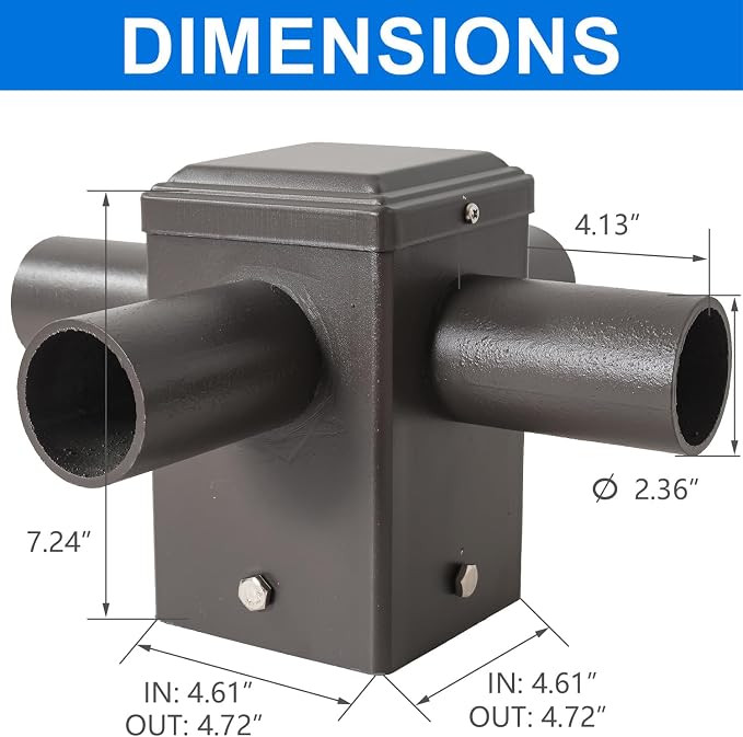 90 Degree Square Horizontal Tenon Adaptor with 4 Arms, Dark Bronze Heavy Duty Steel 4" Square Pole to Tenon, Top Tenon for 2 3/8" Slip Fitter Mount Led Shoebox Light 4 Fixture