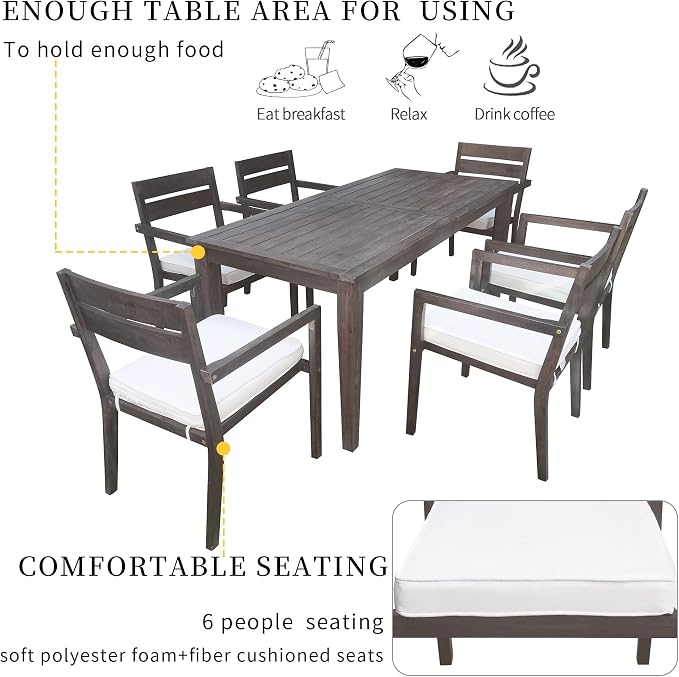 RUNNA 7-Piece Outdoor Patio Dining Set,Acacia Wood Outdoor Dining Table and Chairs Set with Armrest Chairs with Cushions for Patio, Balcony Or Backyard (Grey/Acacia Wood)