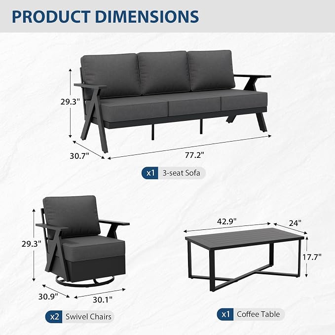 COOS BAY Iron Luxe 4 Piece Outdoor Patio Furniture Set, Modern Patio Conversation Set with 2 Swivel Rocking Chairs, a 3 Seat Couch & Coffee Table for Deck, Garden, Porch, Black/Gray