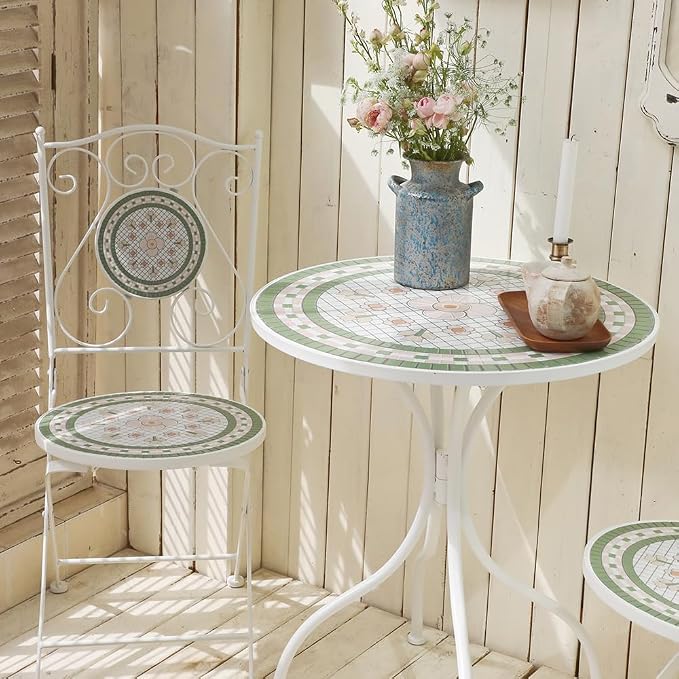 Round Outdoor Side Table Patio Bistro Ceramic Mosaic Patterned Design Tile Top Round Table Outdoor Garden 24 Inch Metal Furniture Dining Table for Yard Balcony Porch Poolside Terrace (Pink Flower)