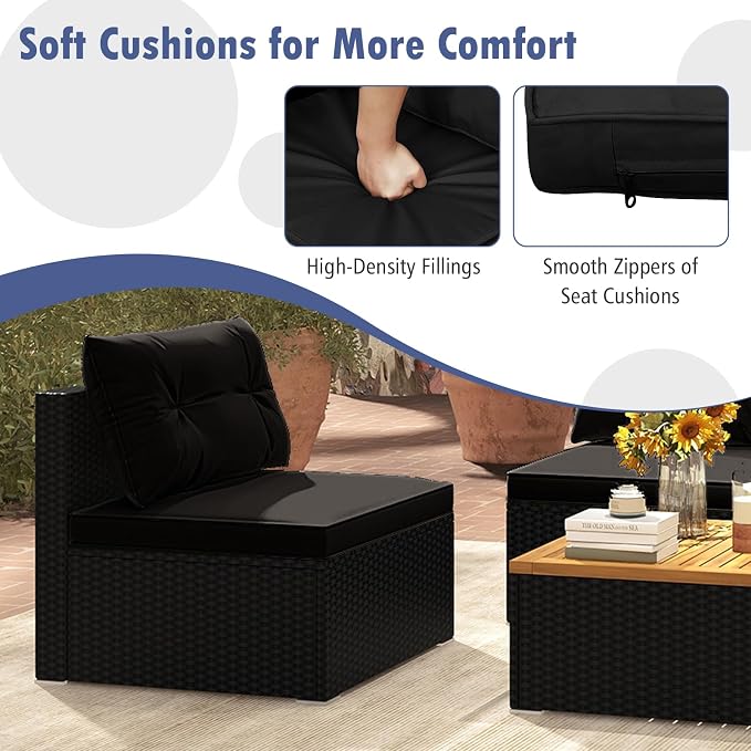 Tangkula 5 Pieces Wicker Patio Furniture Set, Outdoor 4 Armless Rattan Sofa & Coffee Table Set, with Cushions, Acacia Wood Tabletop, Sectional Patio Conversation Set for Lawn, Yard, Poolside, Black
