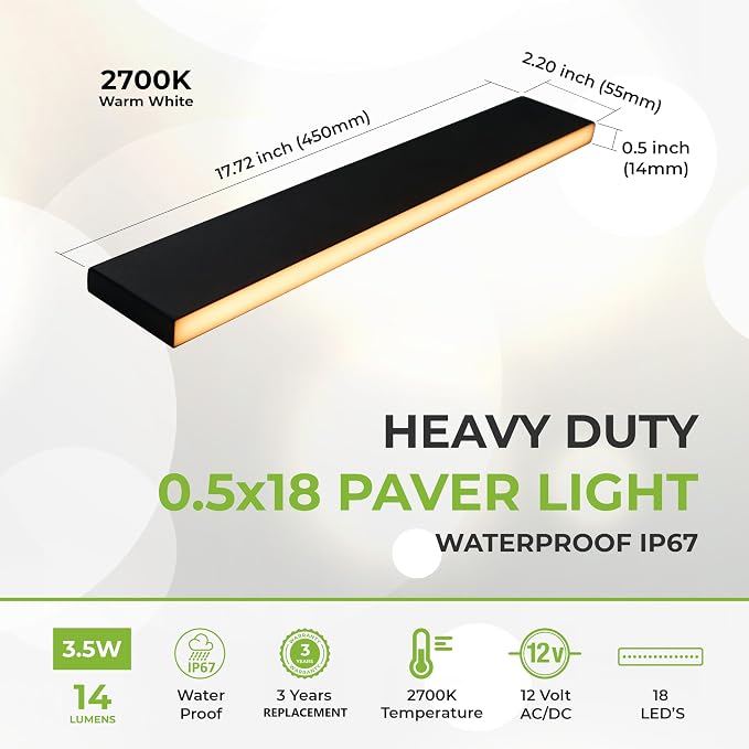 LUMENGY Paver Light Slim 0.5x18 Inch (0.55x17.72), 2700K Warm White, Glare-Free Linear Lighting for Driveways, Walkways and Paver Borders, 12V Hardwired, IP67 Waterproof, Drive-Over Rated