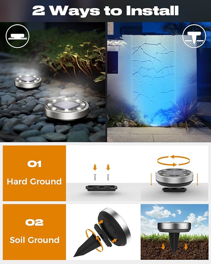 btfarm 24 Pack Solar Lights Outdoor, 8 LED Solar Ground Lights IP65 Waterproof Flat Solar Disc Light, Pathway Lights for Garden Lawn Yard Christmas Decorations, Red+Blue+Cool White