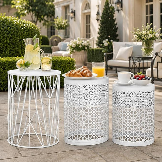 Y&M Set of 3 Heavy-Duty Round End Table, Side Table, Coffee Table for Indoor Multifunctional Use, Outdoor Decorative Garden Stool Plant Stand-White