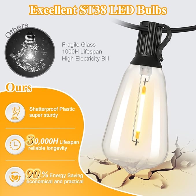 Brightever 120FT Outdoor String Lights Waterproof, 2700K Bright LED Patio Lights with 62 ST38 Shatterproof Vintage Bulbs, Retro Connectable Edison String Lights for Outside, Garden, Balcony, Porch