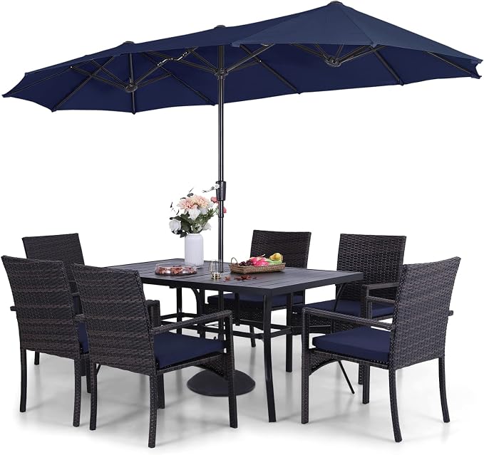 Sophia & William 7pc Patio Dining Set with Navy Umbrella, 6 Rattan Chairs | 6 Cushioned rattan chairs + 1 metal table with umbrella. Perfect for backyard, deck, porch. Durable all-weather frame.