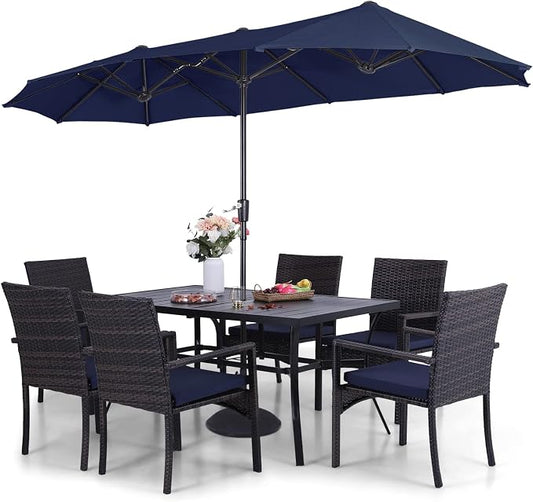 Sophia & William 7pc Patio Dining Set with Navy Umbrella, 6 Rattan Chairs | 6 Cushioned rattan chairs + 1 metal table with umbrella. Perfect for backyard, deck, porch. Durable all-weather frame.