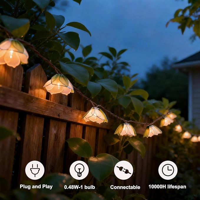 Decorative String Lights Plug in with 10 Bulbs, Flower Garland Fairy Lights Connectable Weatherproof Outdoor Indoor for Wedding Pergola Bedroom Porch Floral Home Decor (Green White)