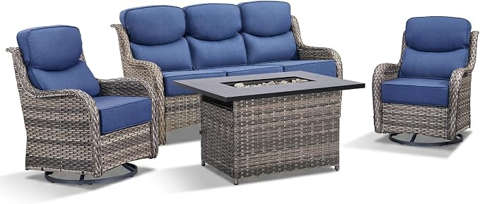 Luxury Patio Furniture Set with Fire Pit Table-4 Pieces High Back Wicker Swivel Rocker Chairs with 6" Extra Thick Cushions, Outdoor Patio Conversation Sets for Porch Deck Backyard(Grey/Blue)