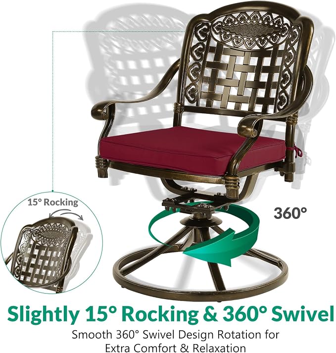 VIVIJASON 5-Piece Outdoor Patio Dining Set, All-Weather Cast Aluminum Conversation Set, Patio Furniture Set for Backyard, Include 4 Swivel Chairs, a 38.5" Round Table w/Umbrella Hole, Red Cushion
