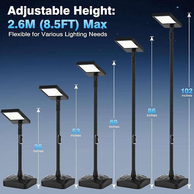 102" Solar Lamp Post Lights with Pole & Water Box Base, Outdoor IP65 Waterproof 3800LM 420 LEDs Solar Street Lights, Metal Flood Motion Sensor Lights for Yard, Garden, Patio, Lawn, Parking Lot