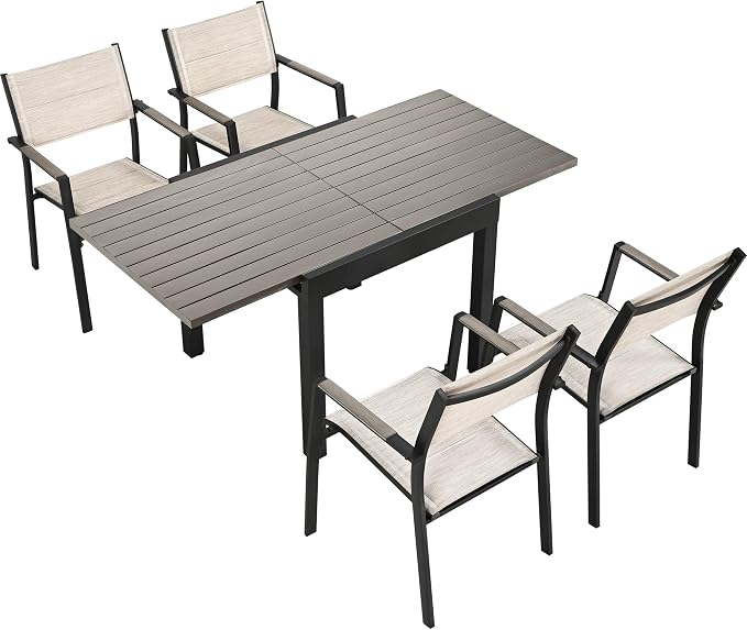 5 Piece Outdoor Dining Set, Expandable Outdoor Patio Dining Table Set for 4-6 Person, Aluminum Outdoor Table and 6 Chairs with Textilene Fabric & Armrest for Patio, Garden, Lawn, Deck(Grey)