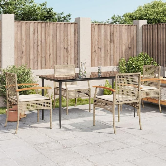5 Piece Patio Dining Set with Cushions Beige Poly Rattan Outdoor Table and Chairs for Garden Backyard Deck Tempered Glass Top Powder Coated Steel Frame UV Proof
