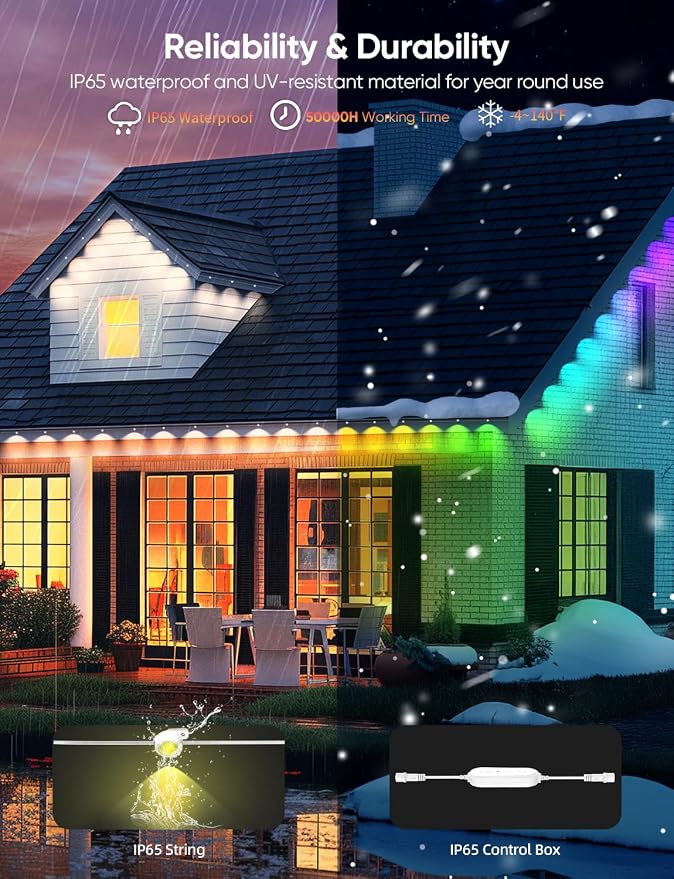 Permanent Outdoor Lights 50FT with 36 LEDs, Smart Eaves Lights RGBW | Waterproof Outdoor String Lights, 110+ Scene Modes, 40lm Warm White, for Daily/Holiday Decor, App/Voice/Remote Control, White