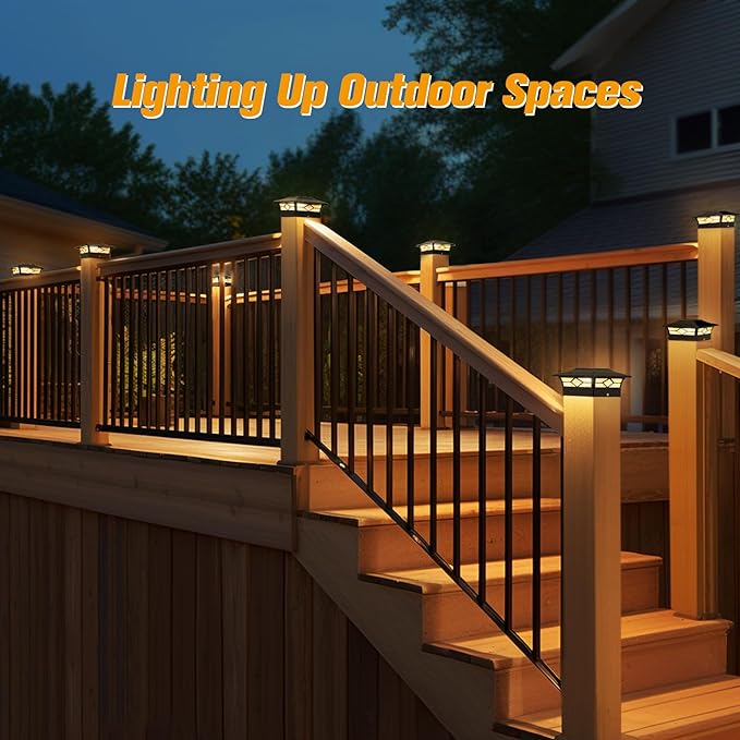 Solar Post Cap Lights Outdoor 8pack, Waterproof Solar Powered Deck Fence Post Lights for 4x4 Wood/Vinyl Posts, Solar Outdoor LED Light with Cool/Warm Lighting (Black, 8pack)