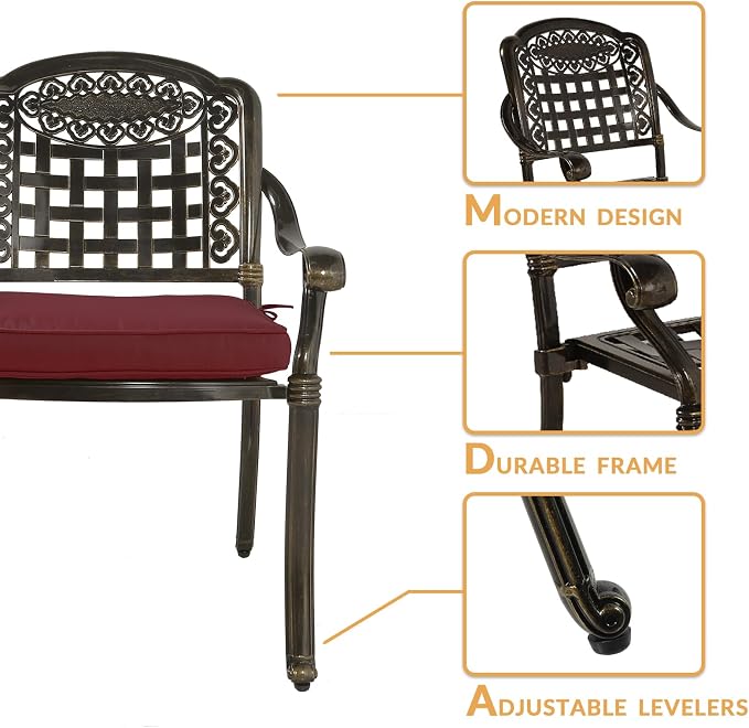 7-Piece Outdoor Patio Dining Set, 60” Rectangular Cast Aluminum Dining Table with Umbrella Hole and 6 Outdoor Dining Cushioned Chairs, Patio Funiture Set for Backyard, Patio, Garden, Red