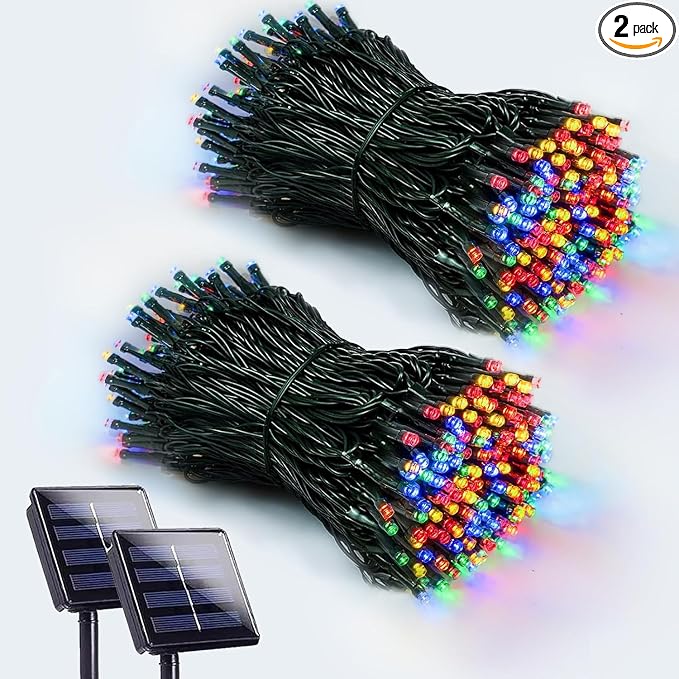 Solar Christmas Lights Outdoor 2 Pack 200 LED Solar String Light Multicolor | 8 Lighting Modes, Memory Function, Auto On/Off, 66FT Waterproof Twinkle Lights for Outside Porch Fence Balcony Decorations